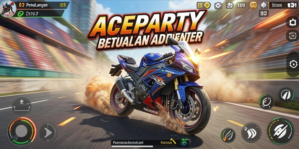 Screenshot utama ACEPARTY menampilkan momen balap motor yang seru di trek yang menantang.