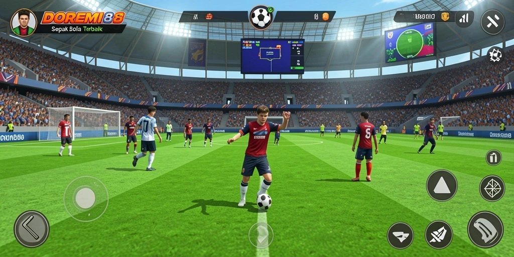 Screenshot DOREMI88 menampilkan aksi seru dalam pertandingan sepak bola.