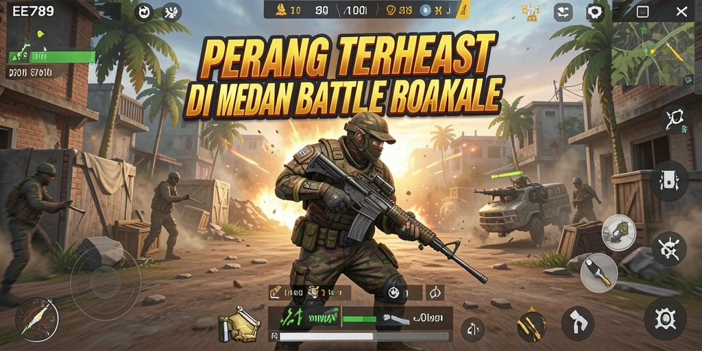 Tampilan gameplay EE789 yang menegangkan dalam pertarungan Battle Royale.